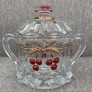 Vintage Mosser Glass Lidded Jar with Gold Trim and Red Cherry Motif